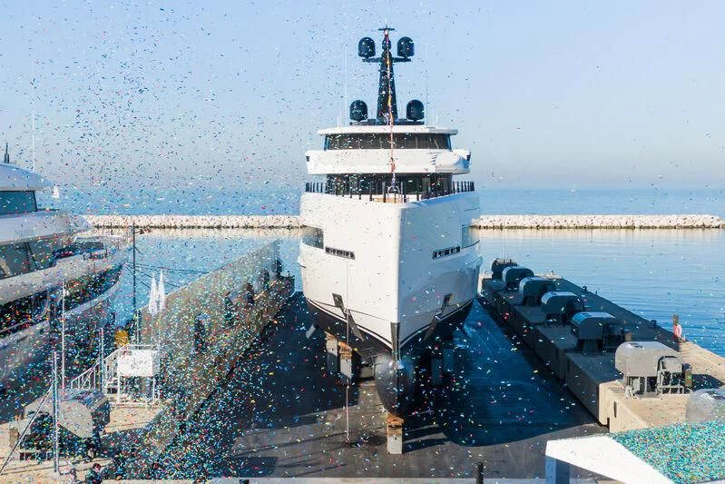 a large ship in a harbor aboard RIO Yacht for Sale