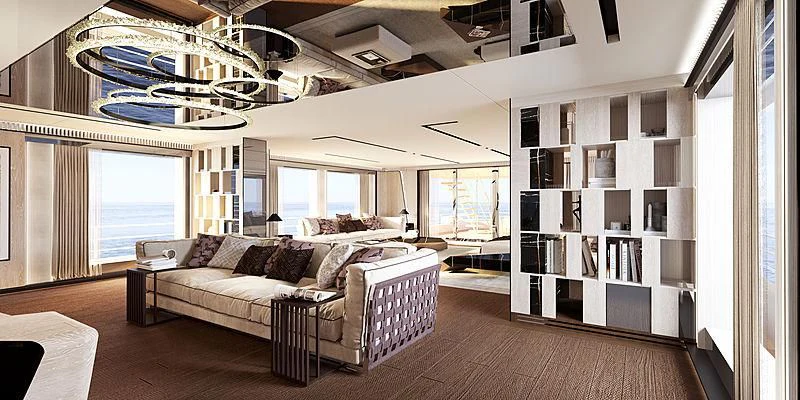 a living room with a couch and a table aboard RIO Yacht for Sale