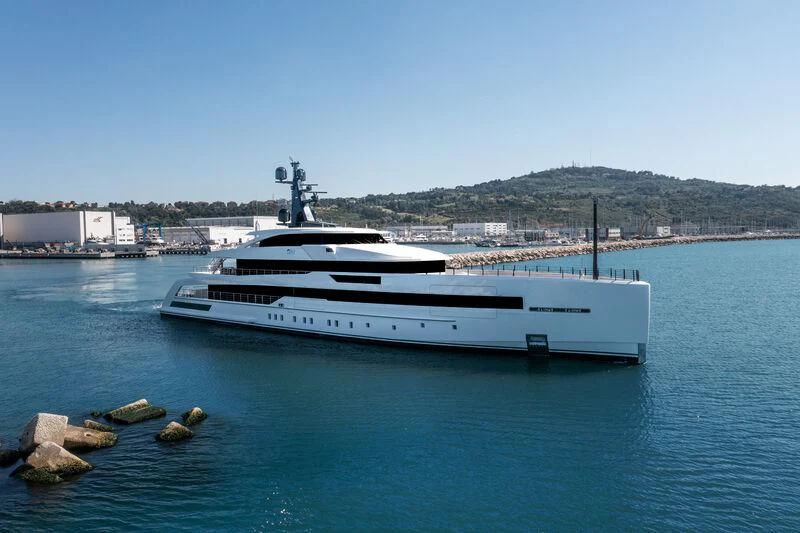 a white boat in the water aboard RIO Yacht for Sale