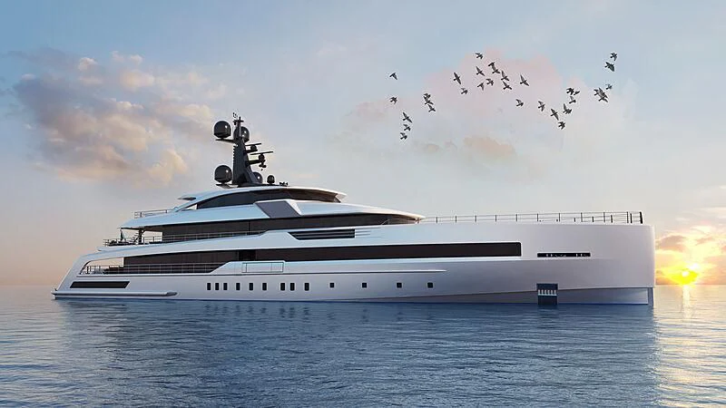 a large white boat with many birds flying over it aboard RIO Yacht for Sale