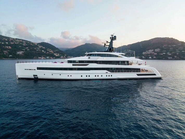 a white yacht on the water aboard RIO Yacht for Sale