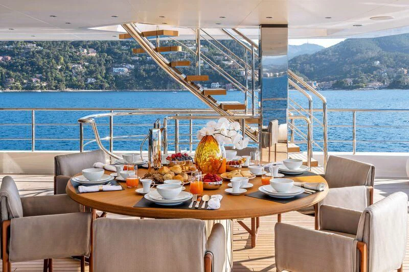 a table with food on it aboard RIO Yacht for Sale