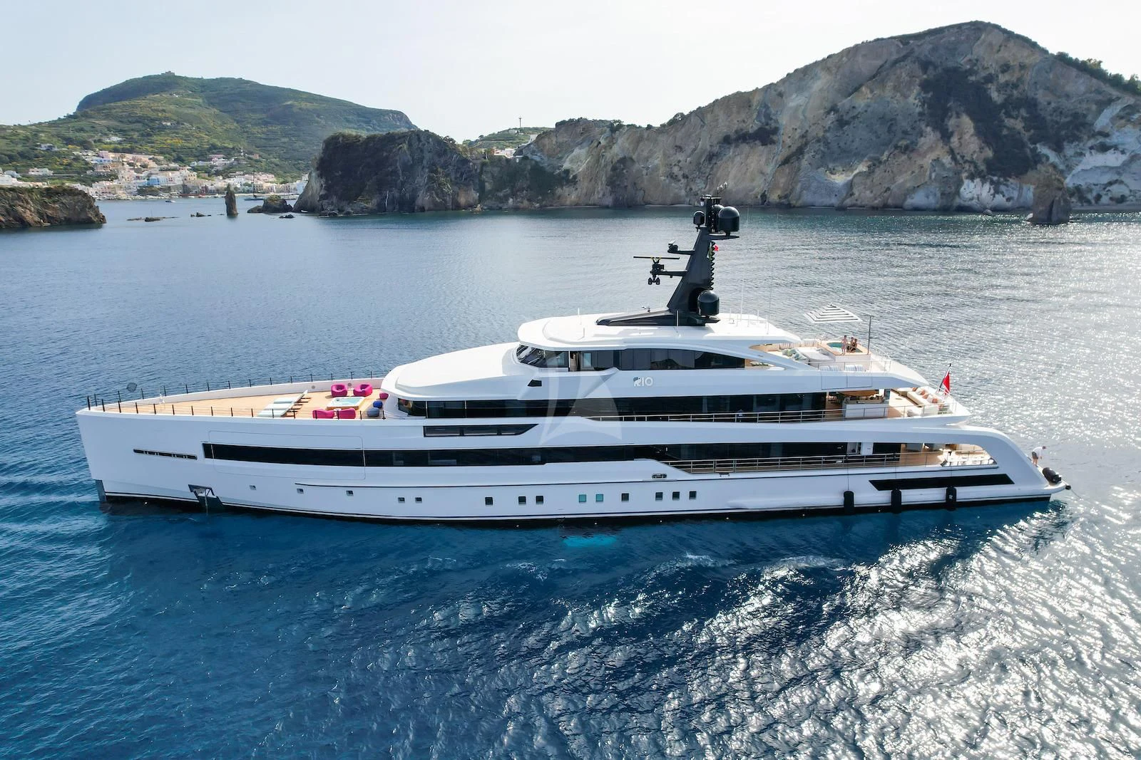 a white yacht on the water aboard RIO Yacht for Sale