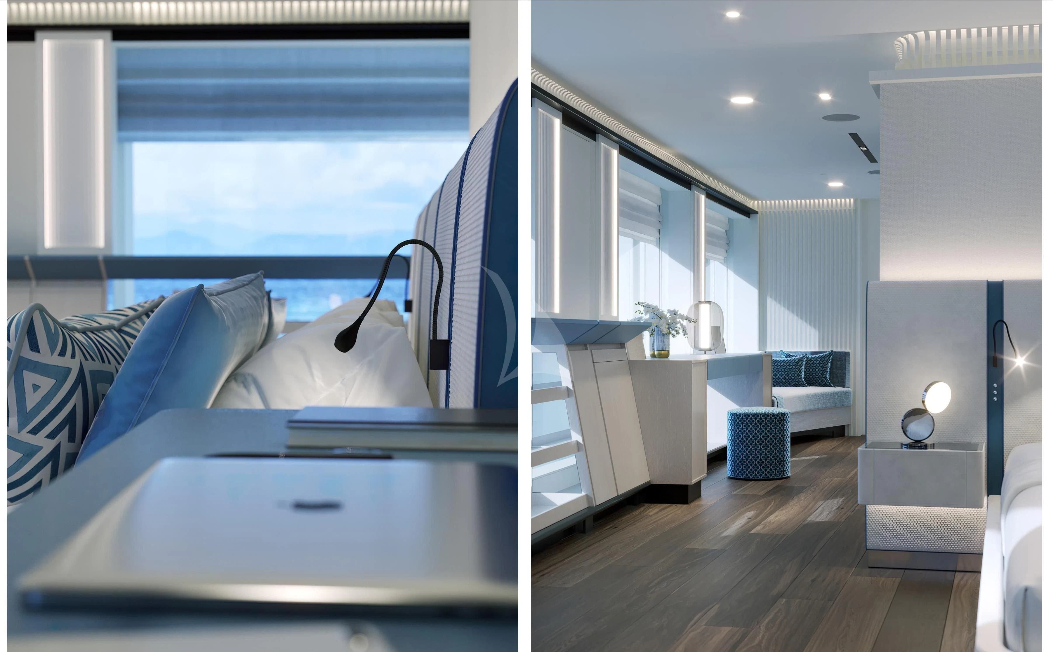 a room with a bed and a desk aboard RIO Yacht for Sale
