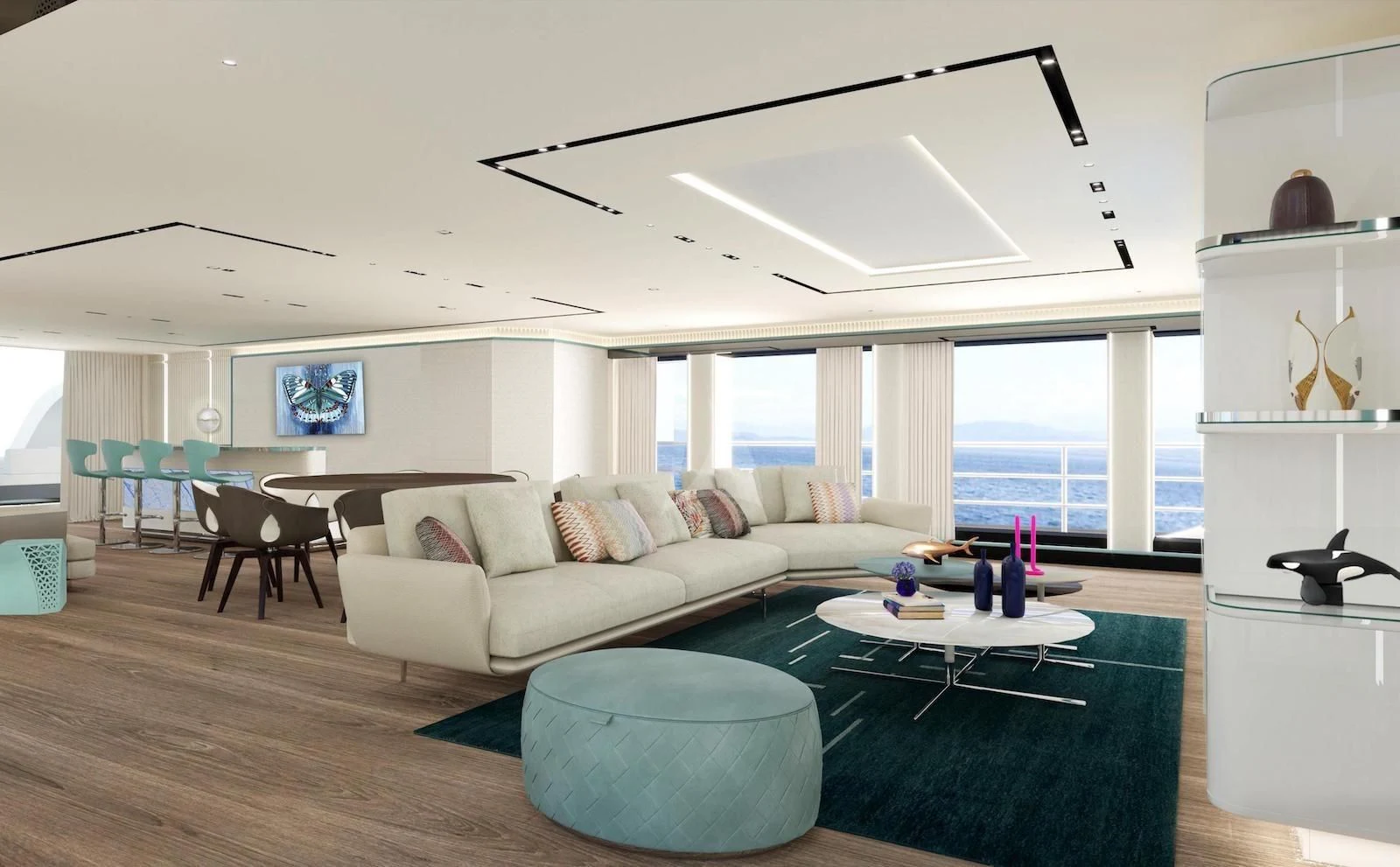 a living room with a large window aboard RIO Yacht for Sale