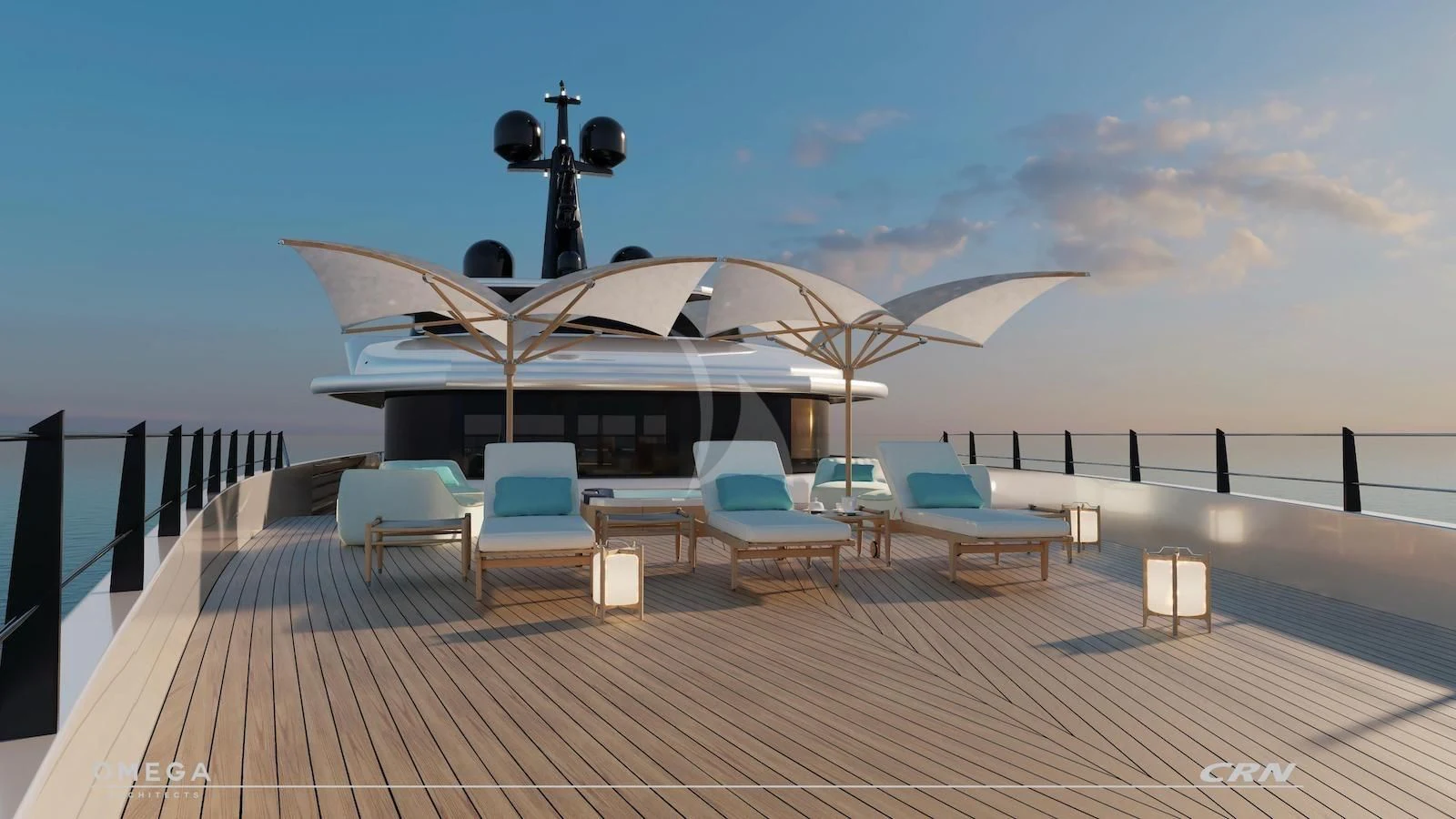 a deck with chairs and umbrellas aboard RIO Yacht for Sale