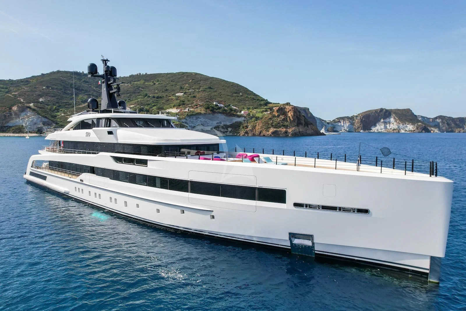 a white yacht in the water aboard RIO Yacht for Sale