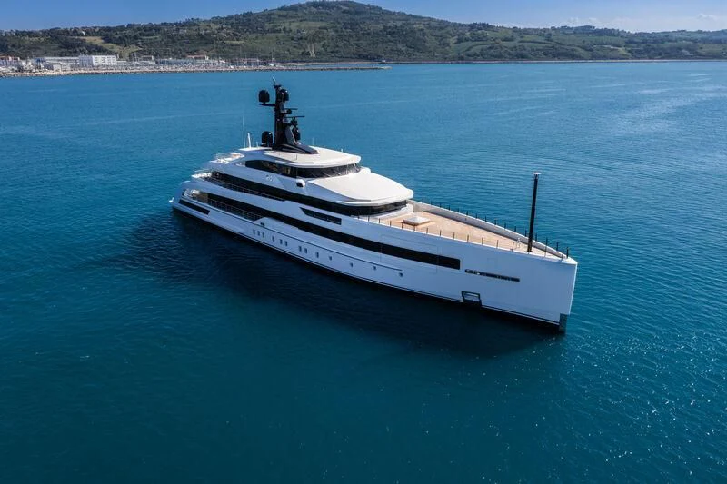 a white boat in the water aboard RIO Yacht for Sale