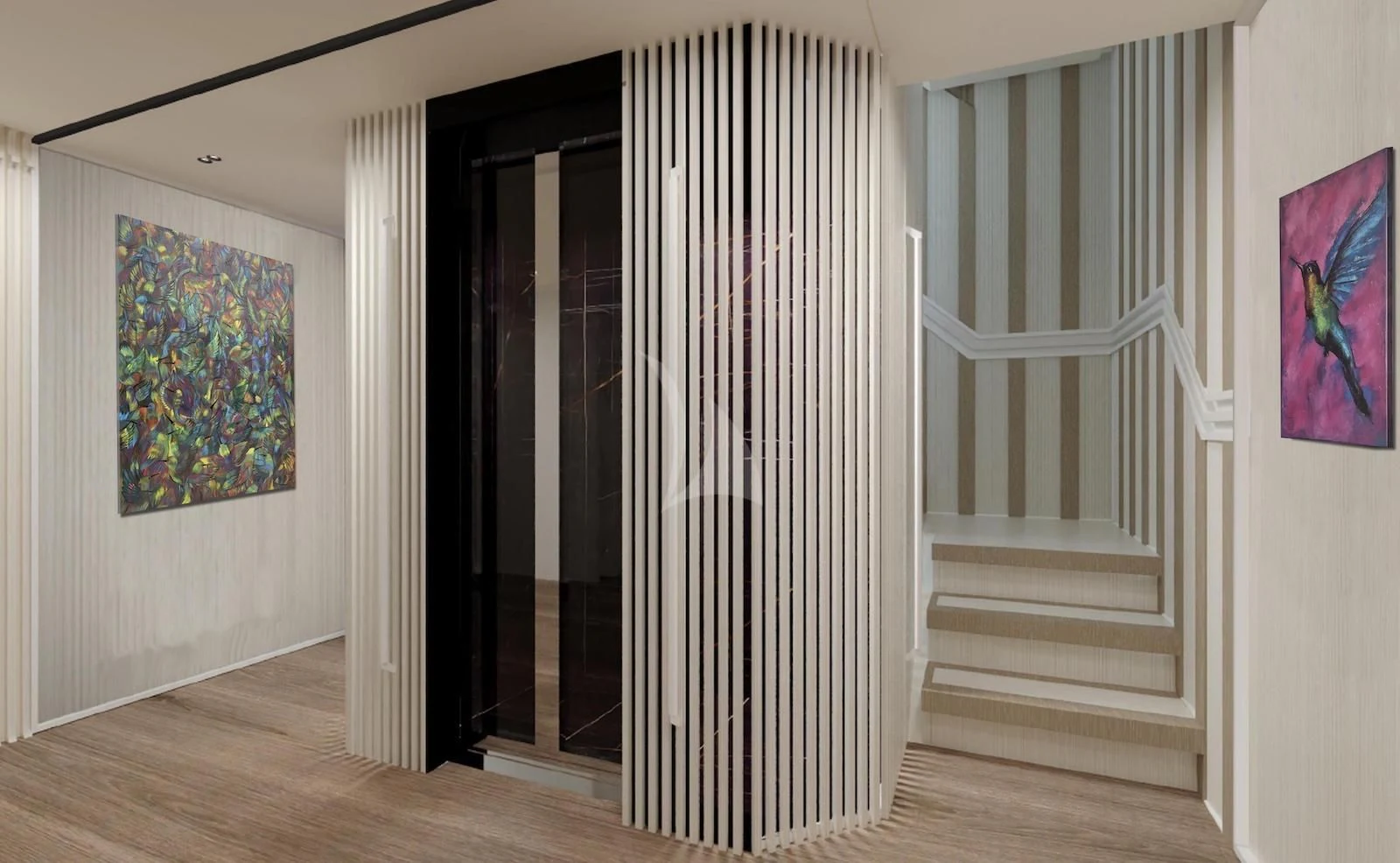a room with a painting on the wall aboard RIO Yacht for Sale