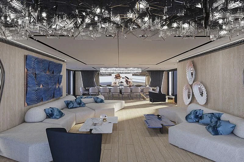 a room with a couch and a table aboard RIO Yacht for Sale