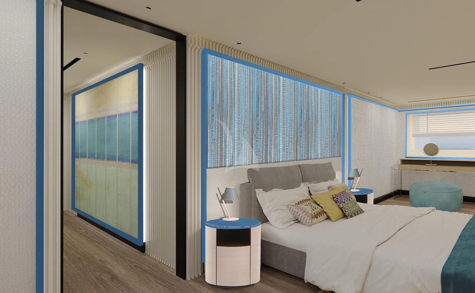 a bedroom with a bed and a blue curtain aboard RIO Yacht for Sale