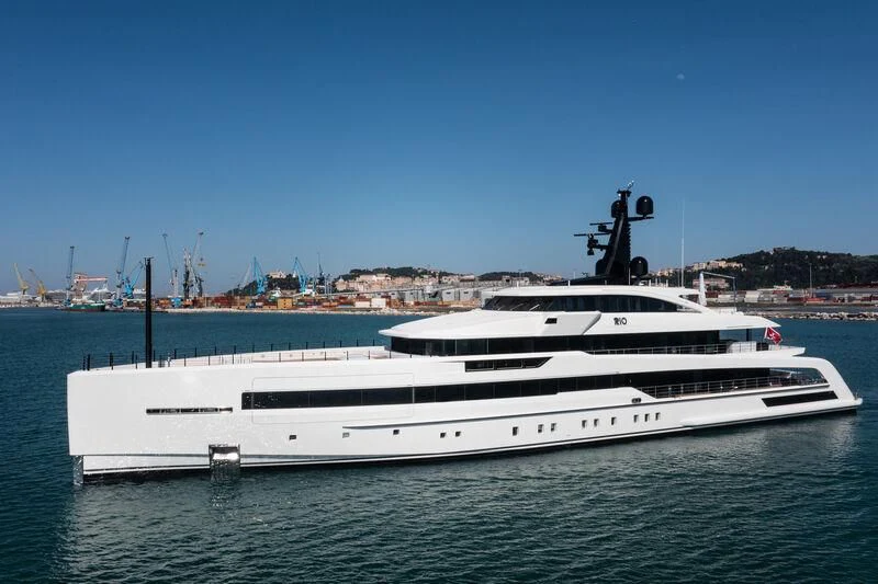 a white yacht in the water aboard RIO Yacht for Sale