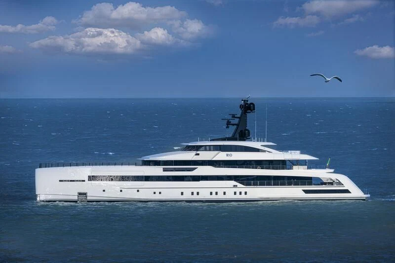 a white ship in the water aboard RIO Yacht for Sale