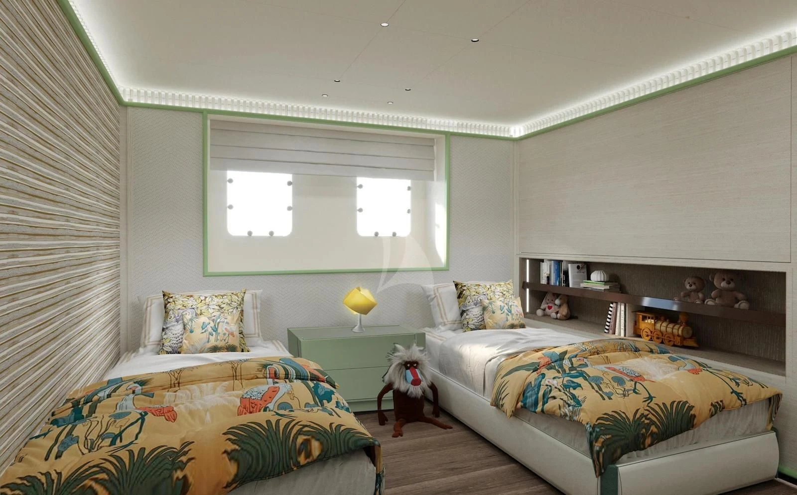 a bedroom with two beds aboard RIO Yacht for Sale