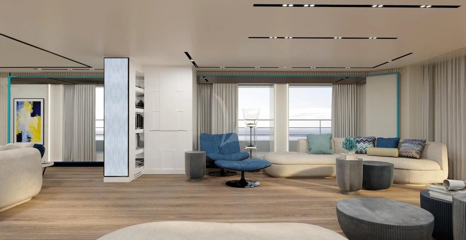 a living room with a large window aboard RIO Yacht for Sale