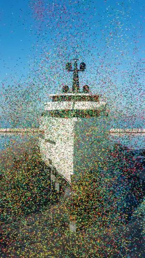 a large building with a tower aboard RIO Yacht for Sale