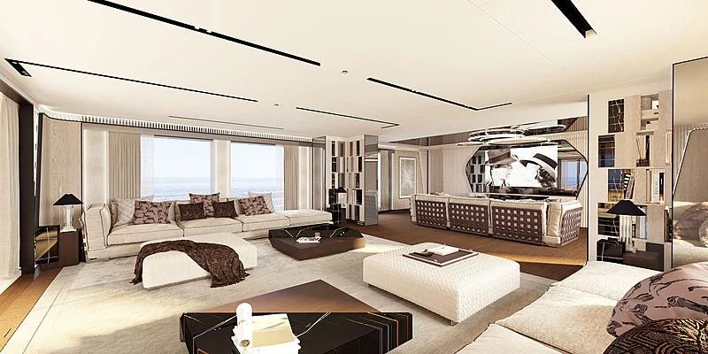 a living room with a fireplace aboard RIO Yacht for Sale