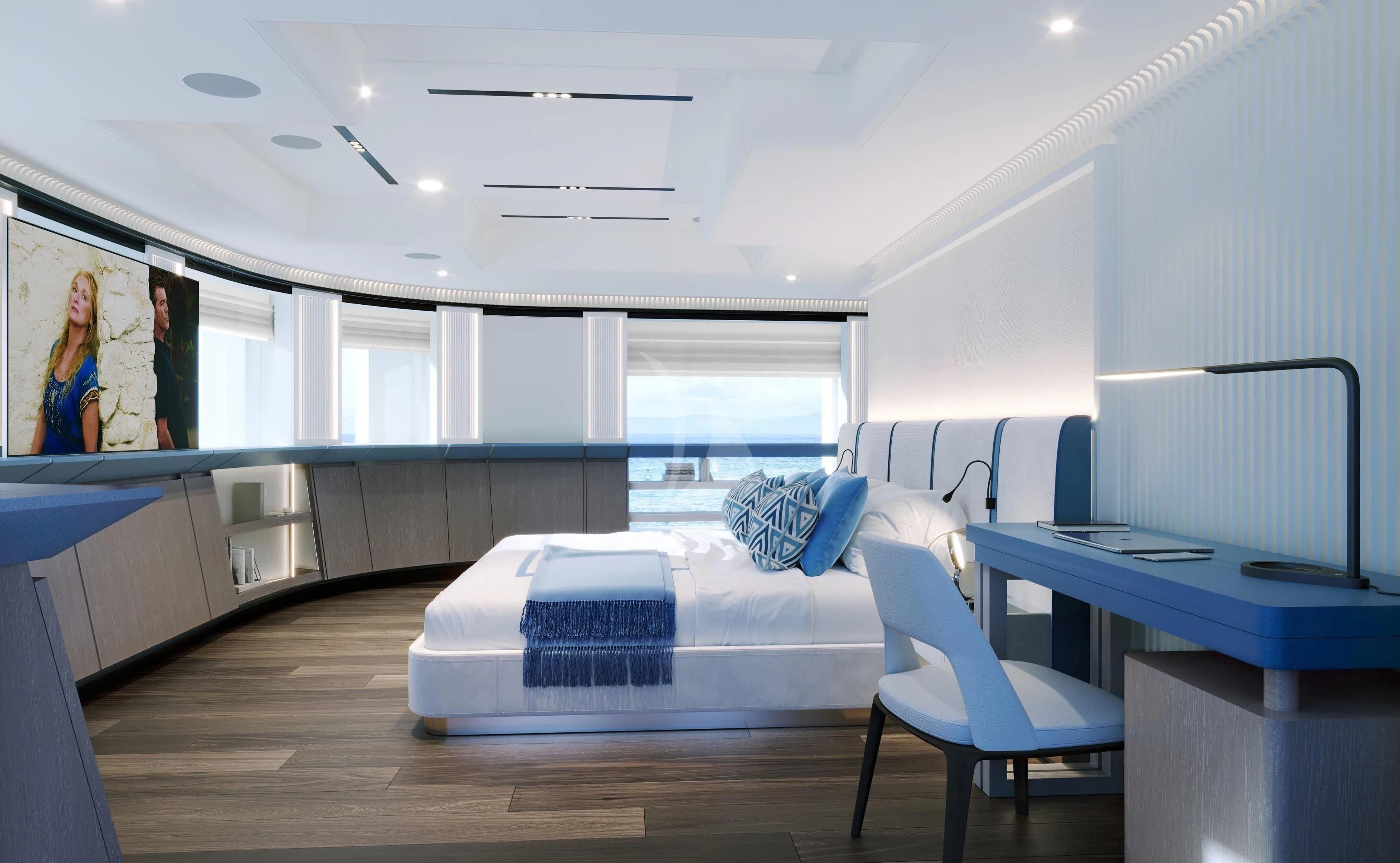 a room with a bed and a desk aboard RIO Yacht for Sale