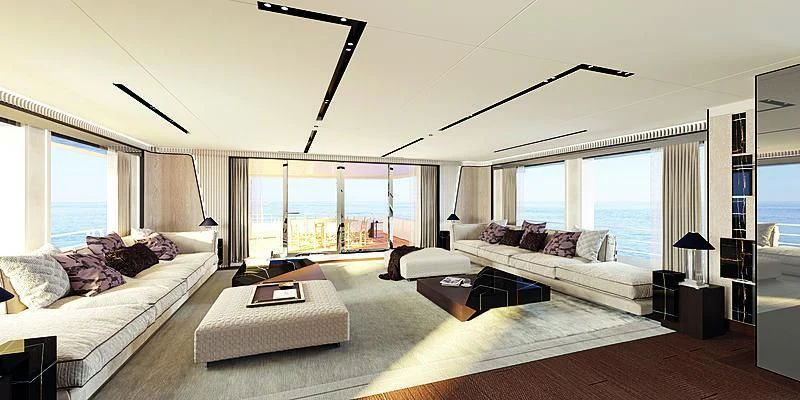 a large bedroom with a large window aboard RIO Yacht for Sale