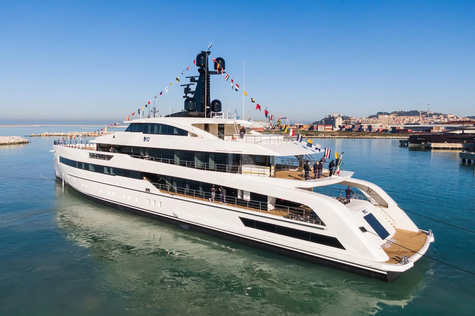 a large white boat on the water aboard RIO Yacht for Sale
