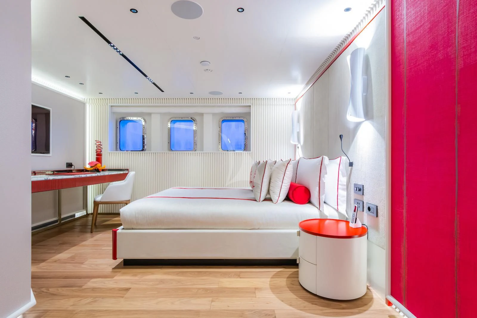 a bed in a room aboard RIO Yacht for Sale