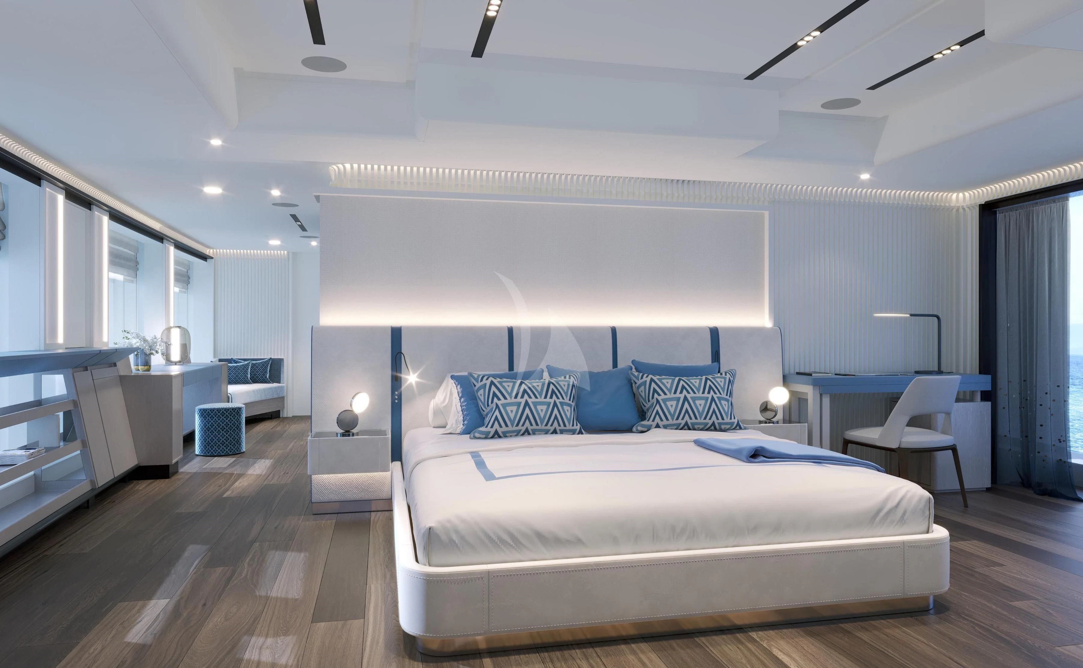 a large white bed in a room aboard RIO Yacht for Sale