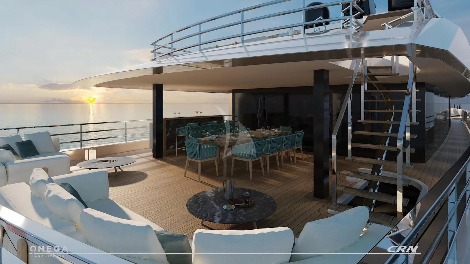 a room with a table and chairs aboard RIO Yacht for Sale