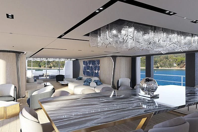 a large living room with a large glass window aboard RIO Yacht for Sale