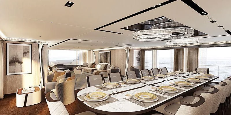 a dining room with a large table and chairs aboard RIO Yacht for Sale