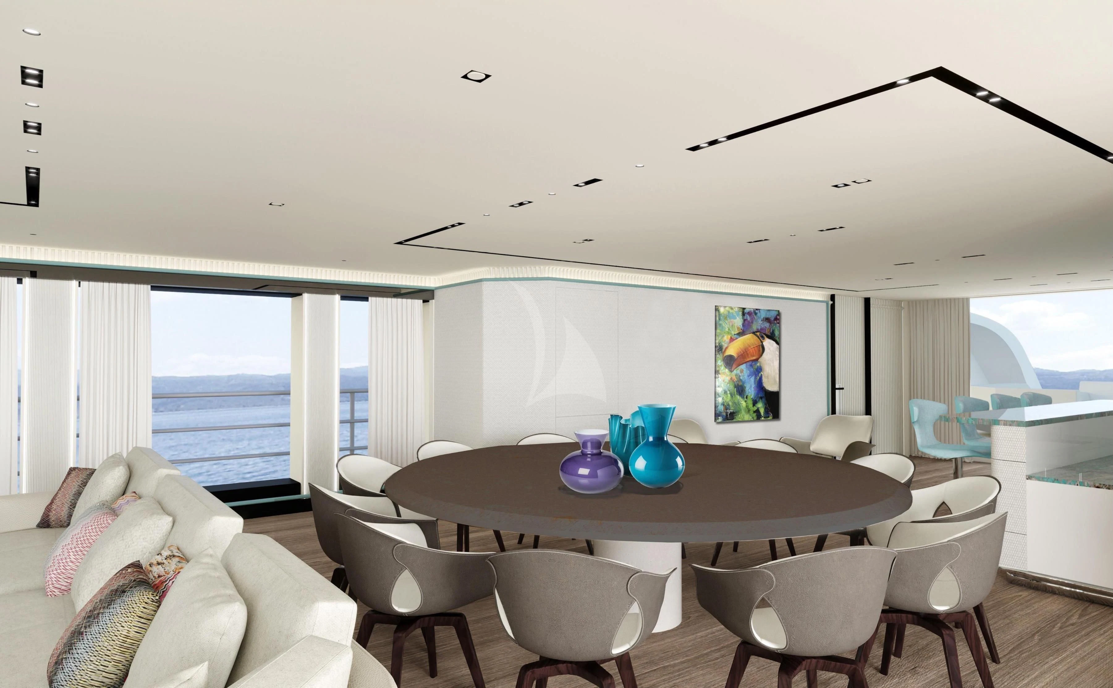 a living room with a table and chairs aboard RIO Yacht for Sale