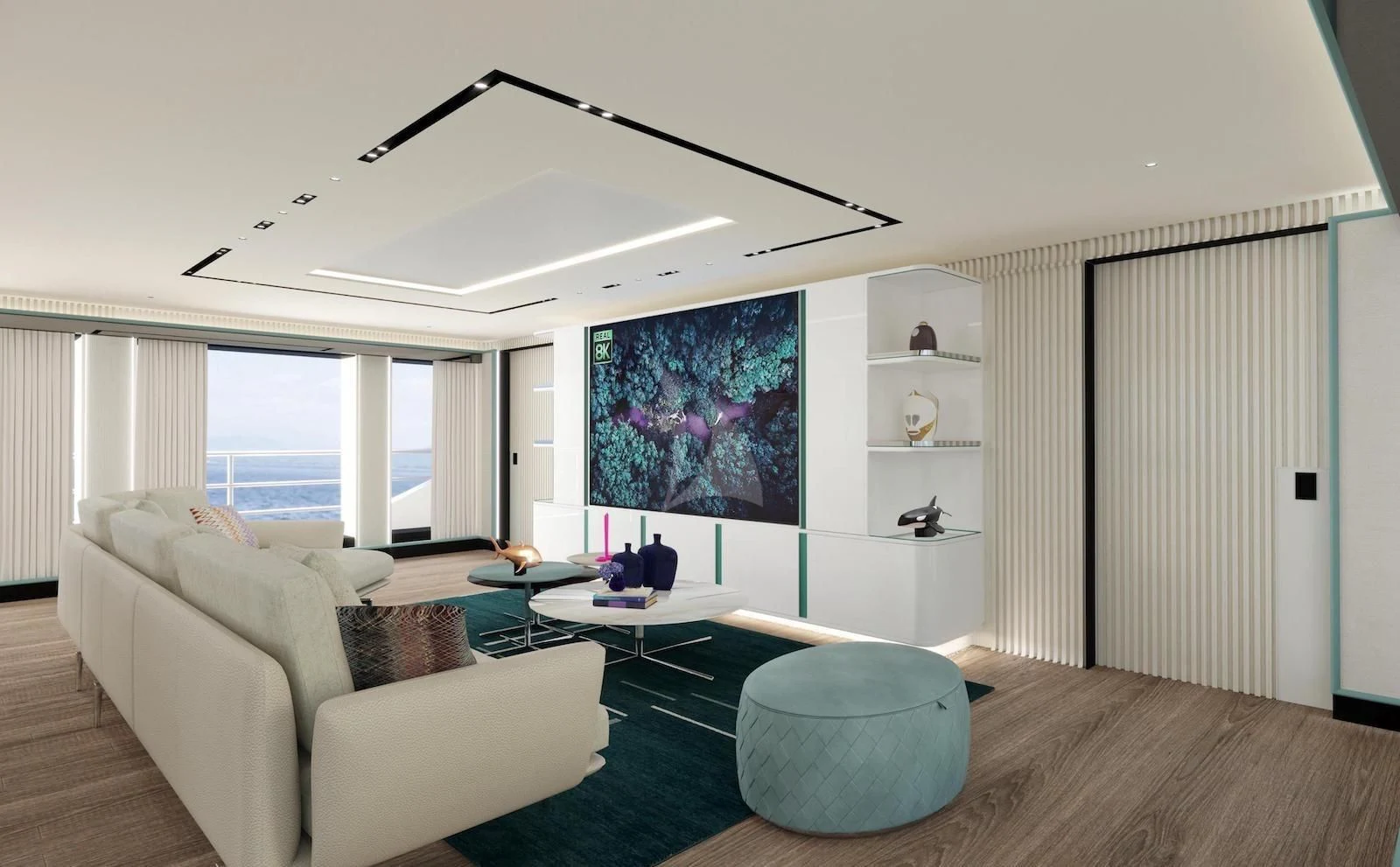 a living room with a large window aboard RIO Yacht for Sale