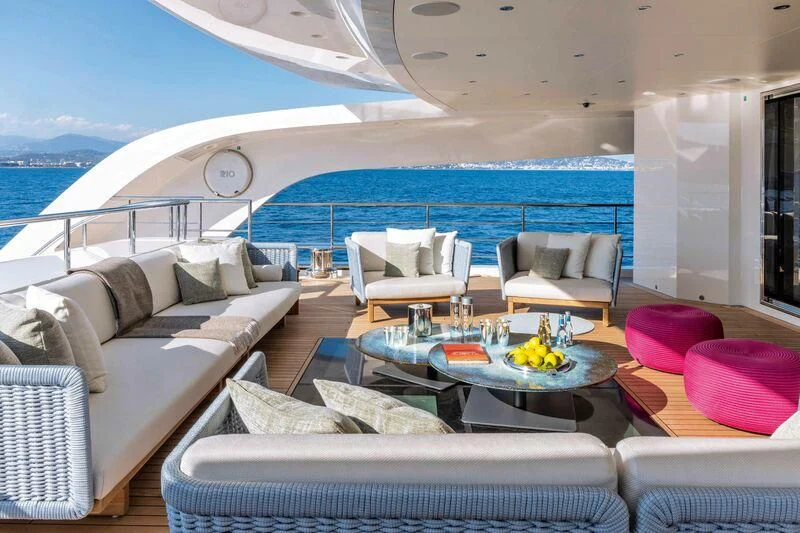 a living room with a large body of water aboard RIO Yacht for Sale