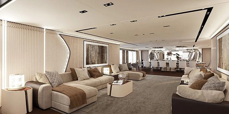 a living room with a large window aboard RIO Yacht for Sale