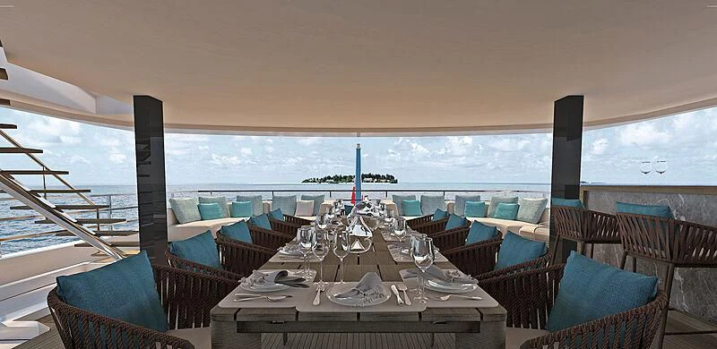 a restaurant with a view of the ocean aboard RIO Yacht for Sale