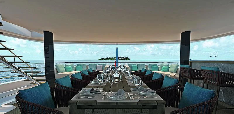 a table set for a meal on a boat aboard RIO Yacht for Sale