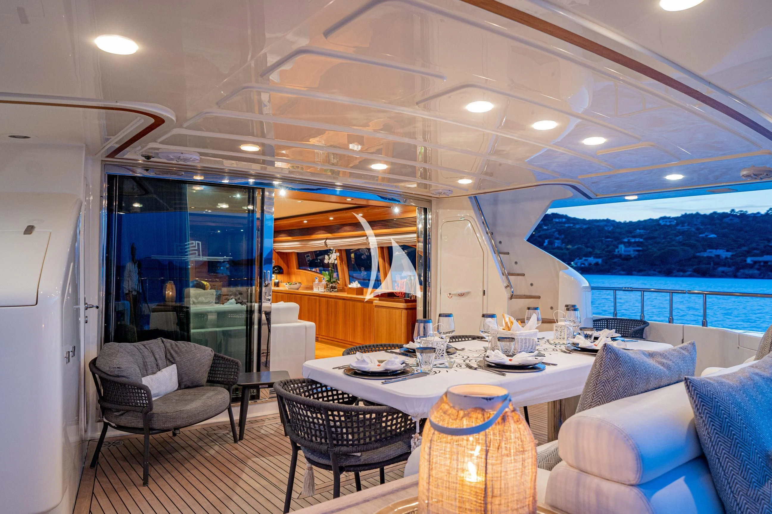 a large open kitchen and dining area aboard ETHNA Yacht for Sale