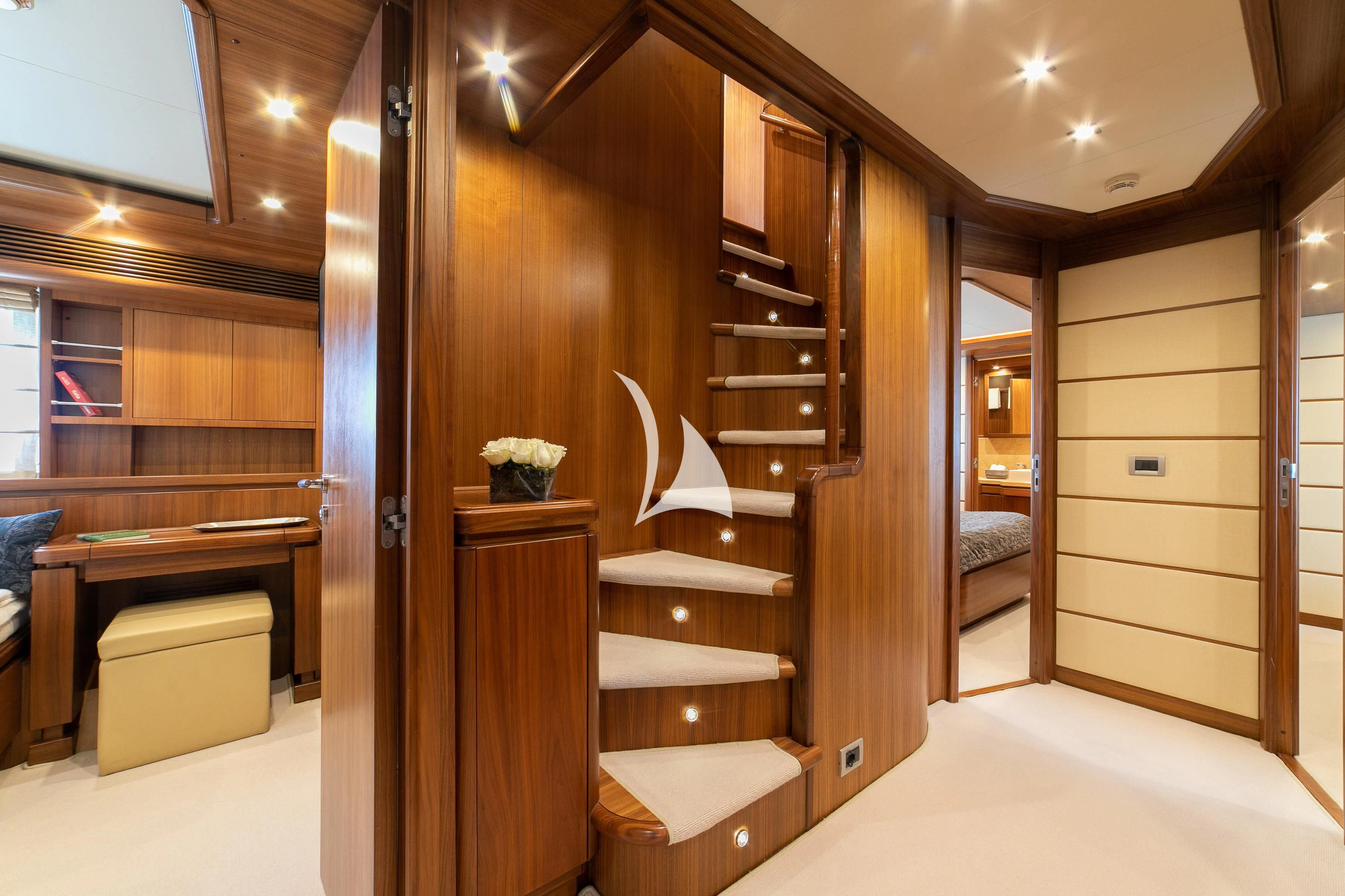 a room with a wood staircase and a desk aboard ETHNA Yacht for Sale