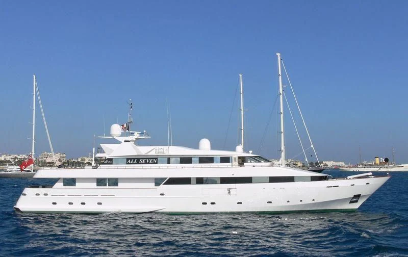 a white yacht in the water aboard ALL SEVEN Yacht for Sale