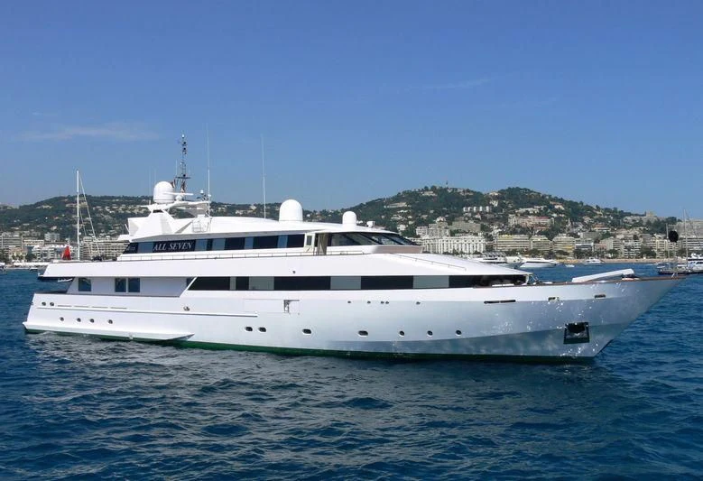 a white yacht in the water aboard ALL SEVEN Yacht for Sale