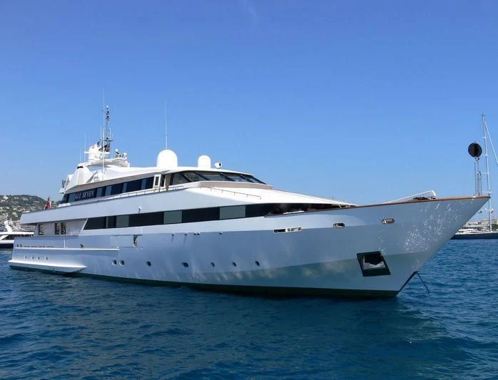 a white yacht in the water aboard ALL SEVEN Yacht for Sale