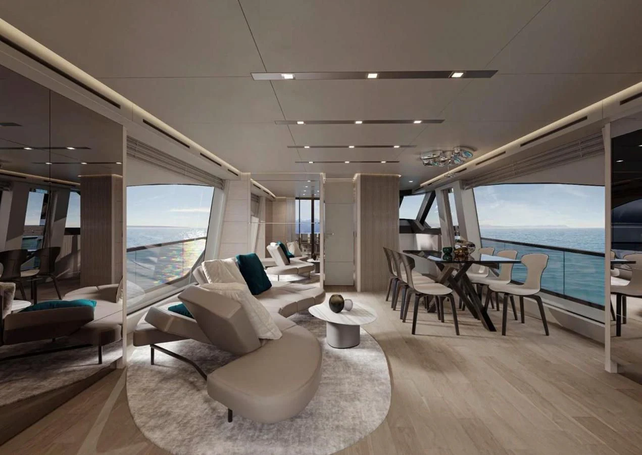 a living room with a large window aboard AB80 Yacht for Sale
