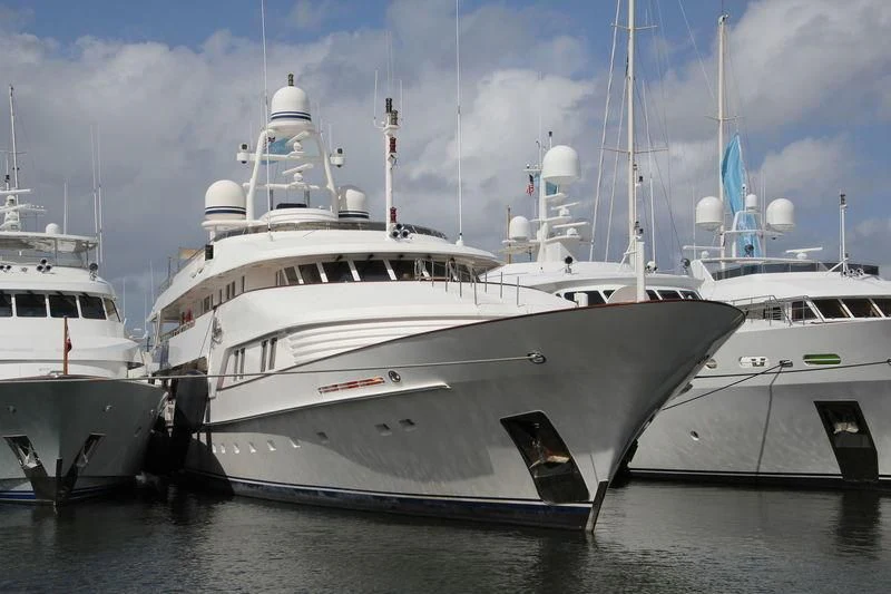 a group of boats in a harbor aboard VIXIT Yacht for Sale