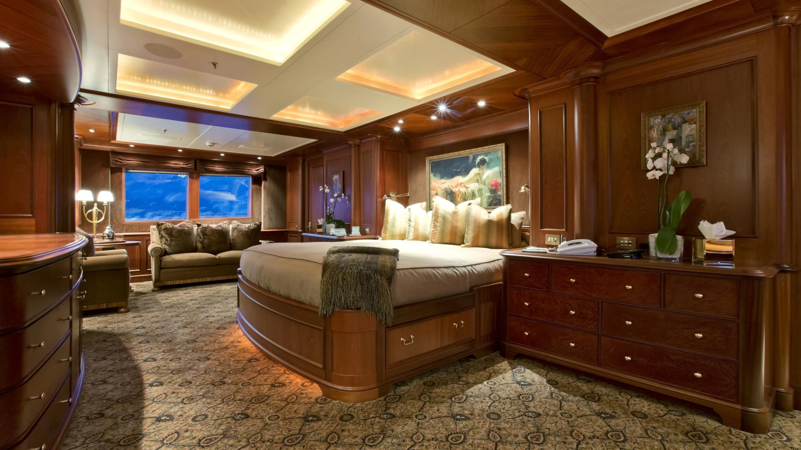 a large bedroom with a large bed aboard VIXIT Yacht for Sale
