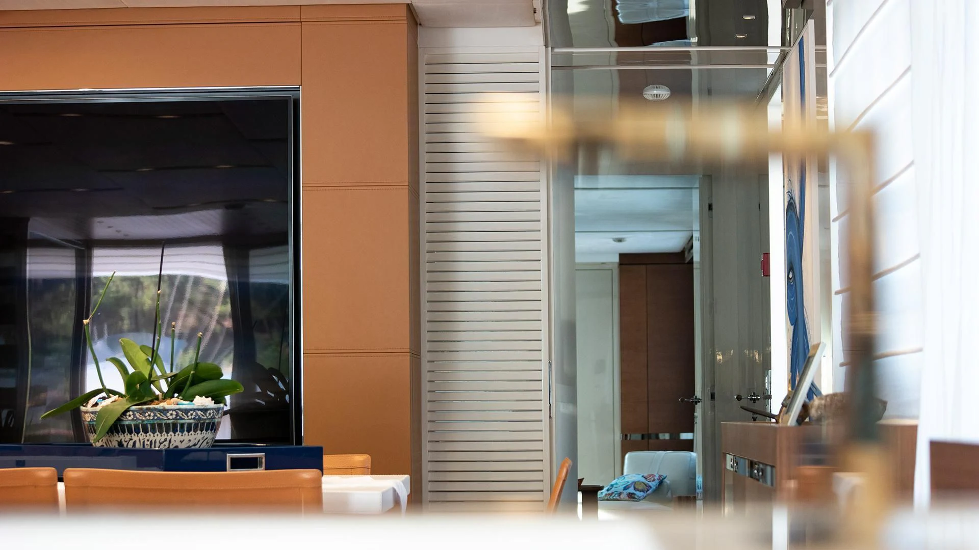 a room with a plant and a window aboard MORNING STAR Yacht for Charter