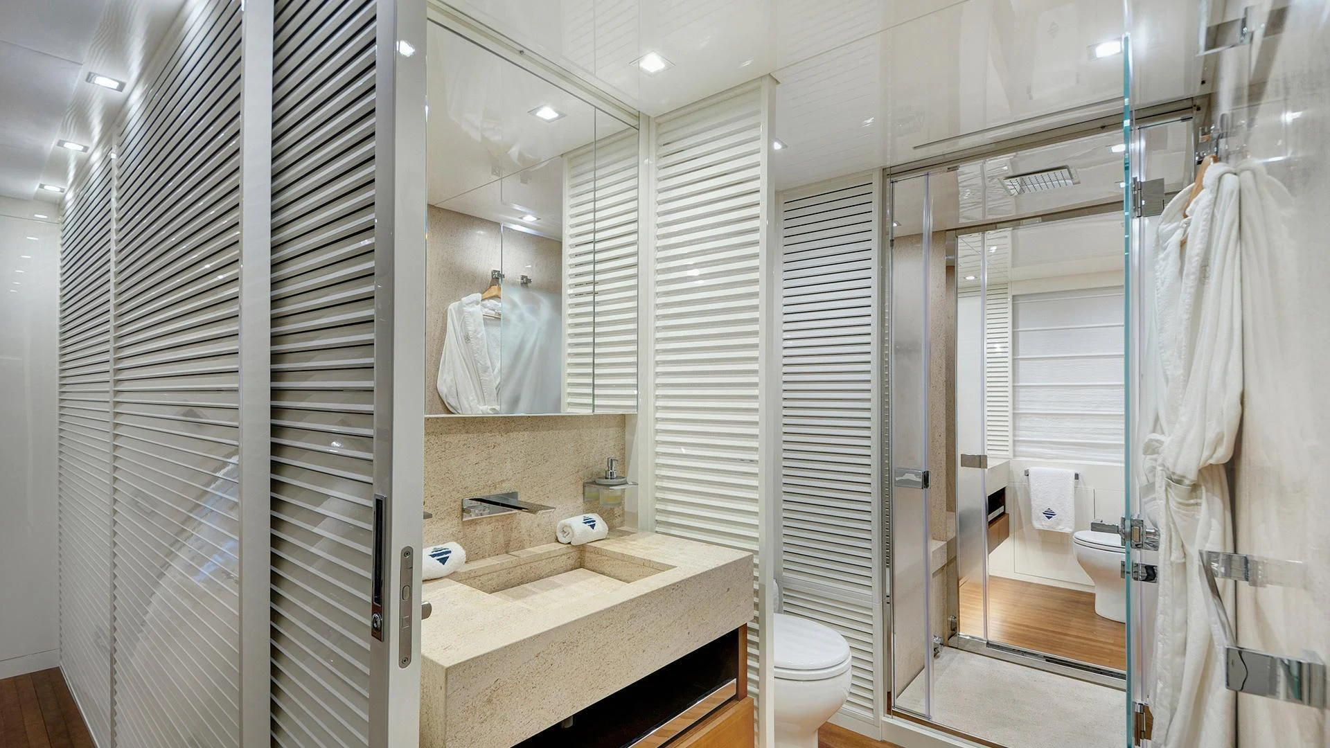 a bathroom with a sink and a shower unit aboard MORNING STAR Yacht for Charter