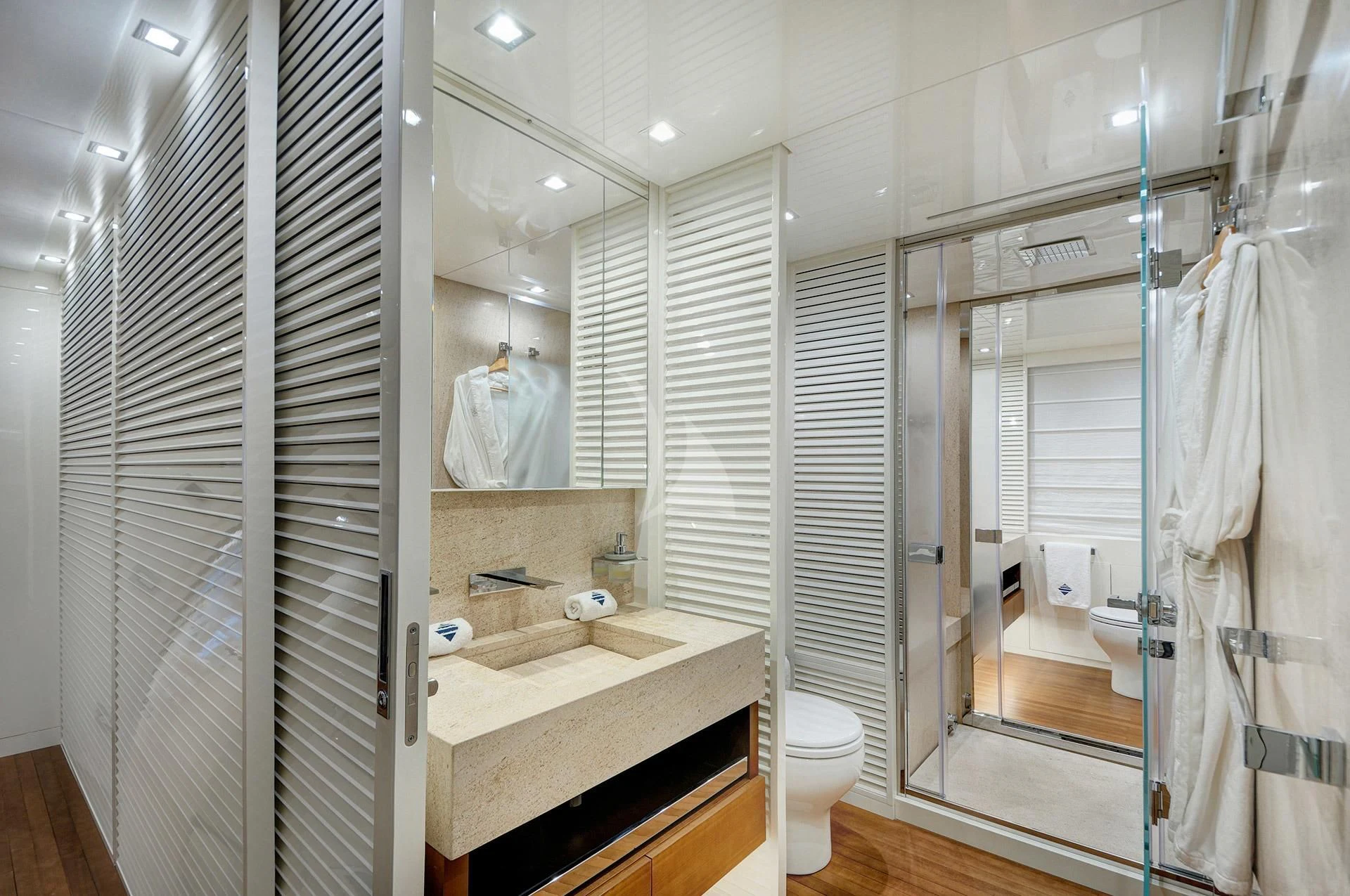 a bathroom with a sink and a shower unit aboard MORNING STAR Yacht for Charter