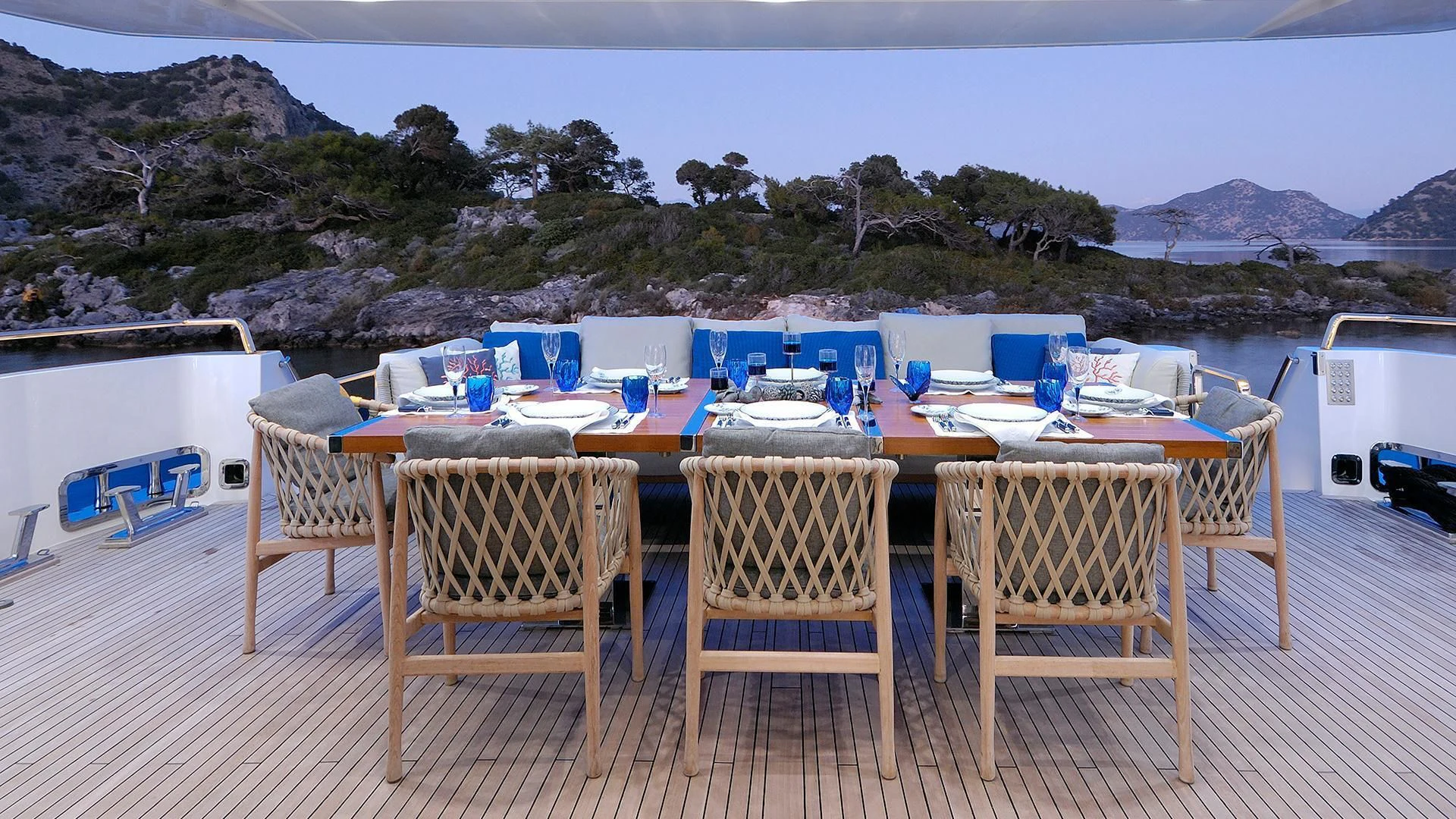 a table set up on a patio aboard MORNING STAR Yacht for Charter