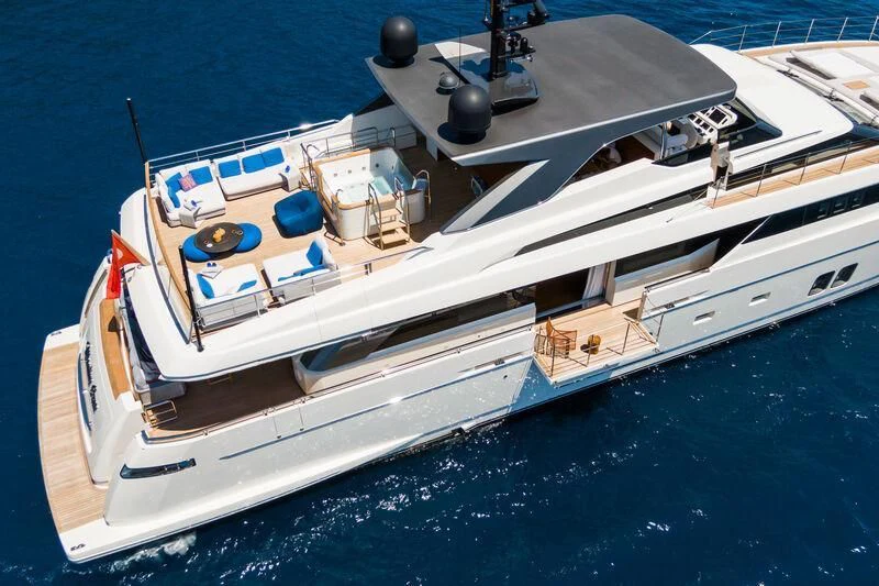 a white boat with blue water aboard MORNING STAR Yacht for Charter