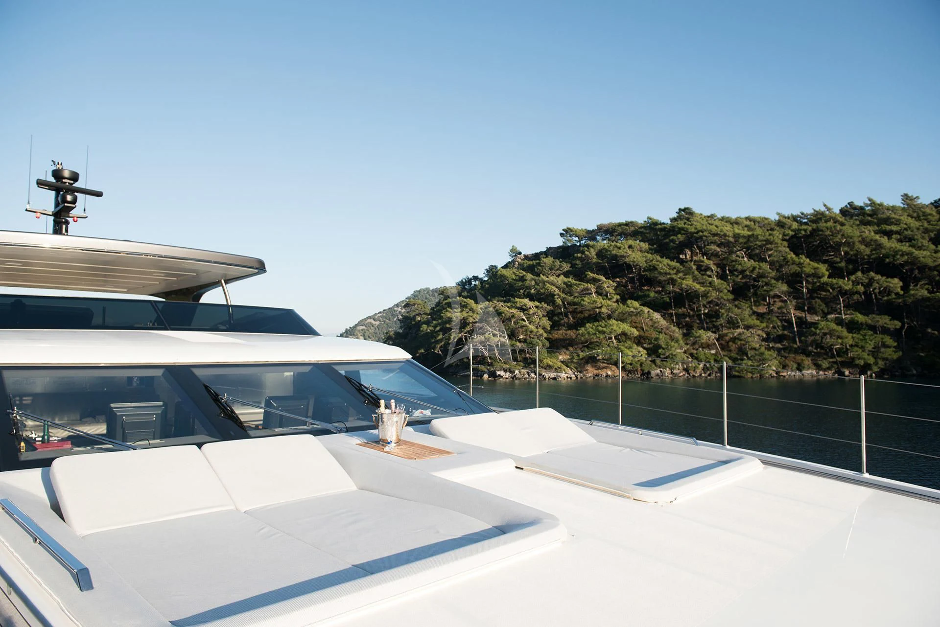 a rooftop with a pool and a helicopter on the roof aboard MORNING STAR Yacht for Charter