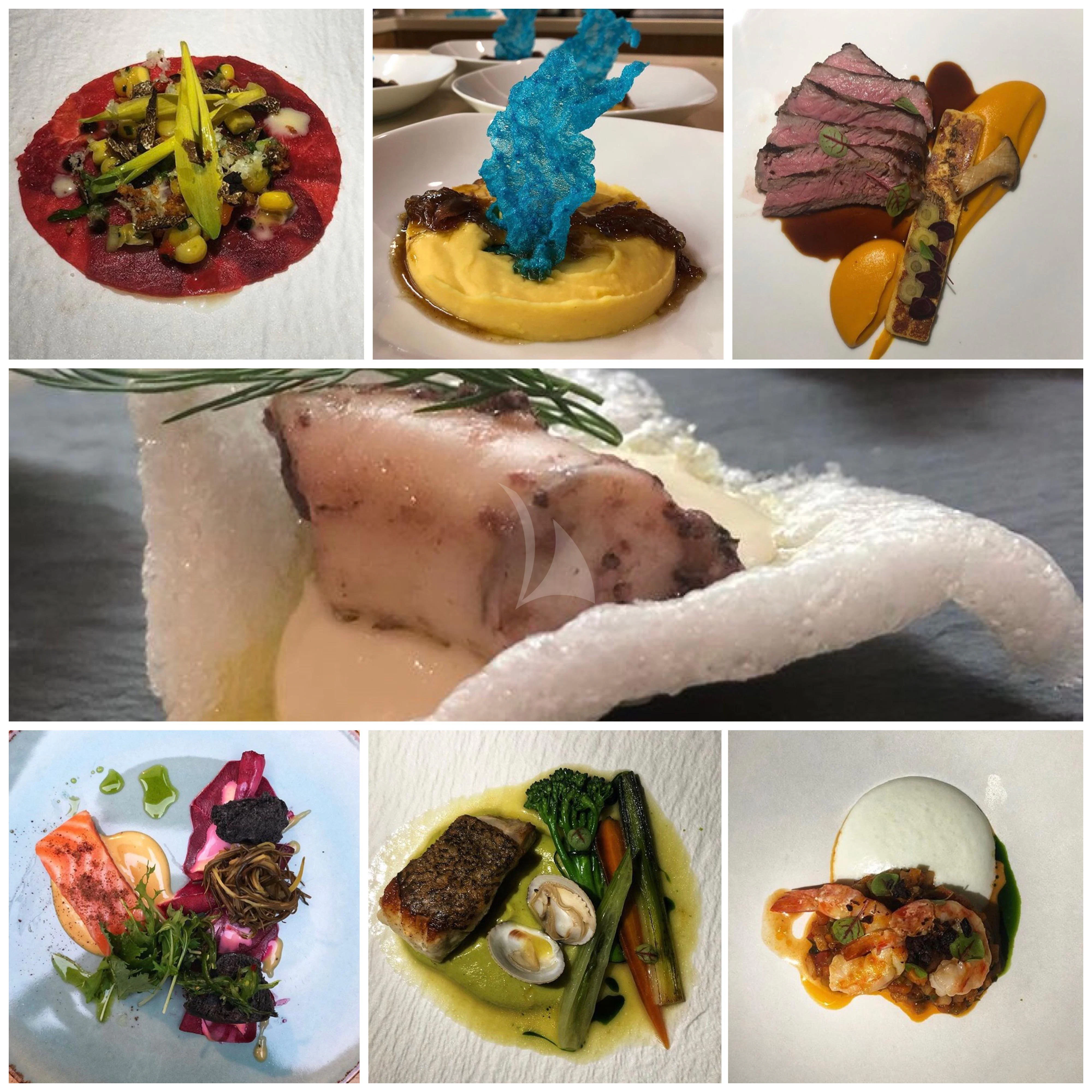 a collage of food aboard GRANDE AMORE Yacht for Charter